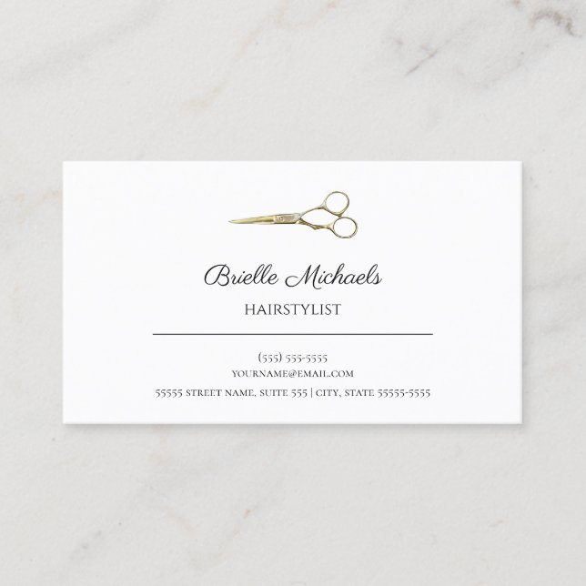Simple Gold Scissors Elegant Script Hairstylist Business Card (Front)
