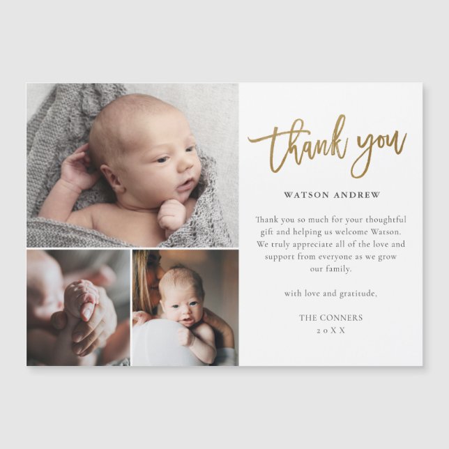Simple Gold Script 3 Photo Baby Thank You Card (Front)