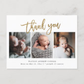 Simple Gold Script 3 Photo Baby Thank You Postcard (Front)