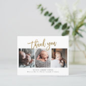 Simple Gold Script 3 Photo Baby Thank You Postcard (Standing Front)
