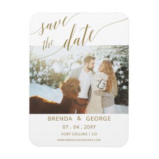 Simple Gold Script Calligraphy Photo Save The Date Magnet