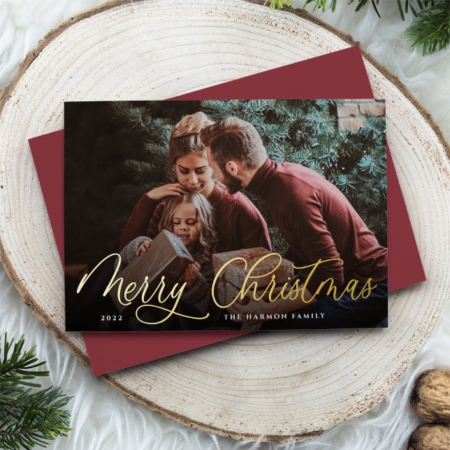 Simple Gold Script Overlay Merry Christmas Photo Foil Holiday Card (Creator Uploaded)