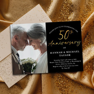 Simple Gold Script Photo 50th Wedding Anniversary Invitation