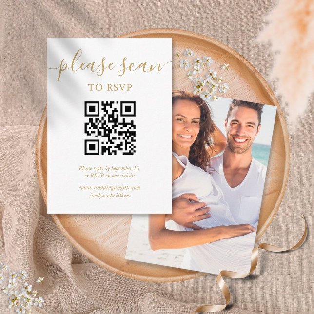 Simple Gold Script RSVP QR Code Photo Enclosure Card (Creator Uploaded)