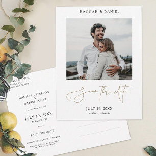 Simple Gold Script Save the Date Photo Wedding Announcement Postcard