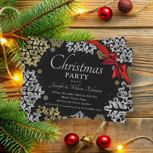 Simple Gold & Silver Snowflakes Xmas Holiday Black Invitation