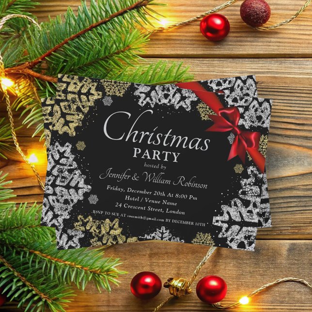 Simple Gold & Silver Snowflakes Xmas Holiday Black Invitation (Simple Gold & Silver Snowflakes Xmas Holiday Black Invitation)