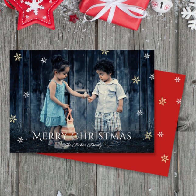 Simple Gold Snowflakes Flat Photo Christmas Card (Creator Uploaded)