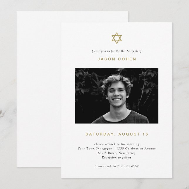 Simple Gold Star of David | Photo Bar Mitzvah Invitation (Front/Back)