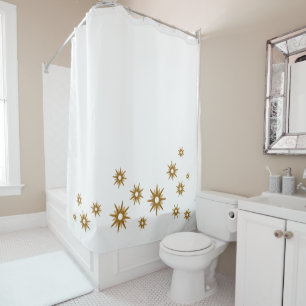 Simple Gold Starburst Design   White Shower Curtain