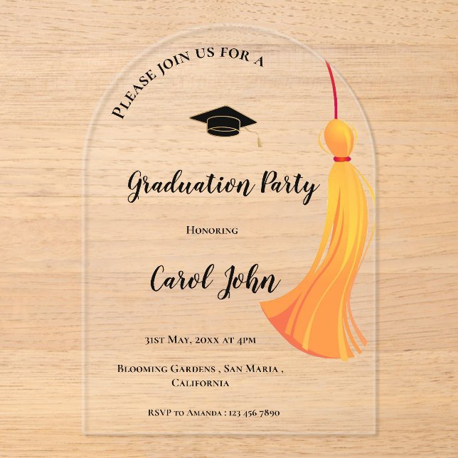 Simple Gold Tassel Class of 2025 Graduation Party Acrylic Invitations (Front)