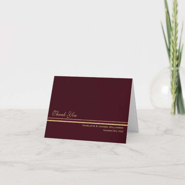 Simple Gold Text Burgundy Wedding Thank You Card (Front)