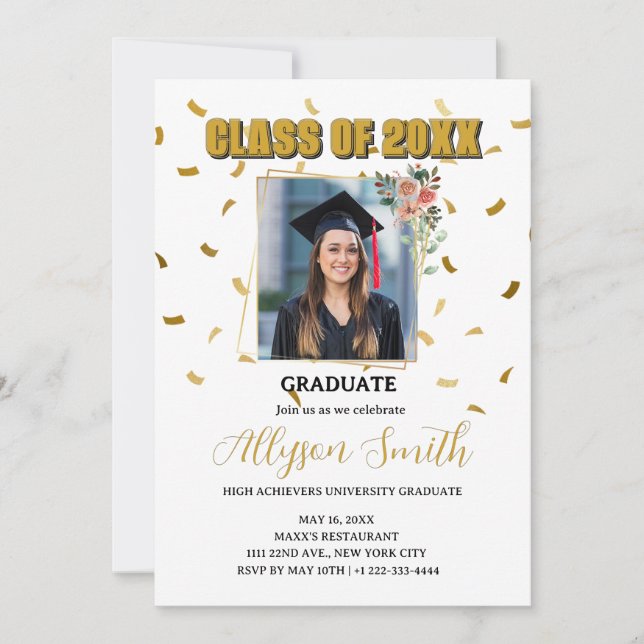 Simple gold themed graduation party invitation (Front)
