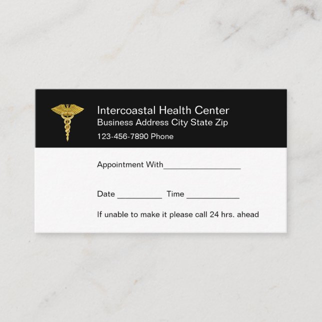 Simple Gold Tone Caduceus Symbol Appointment Cards (Front)