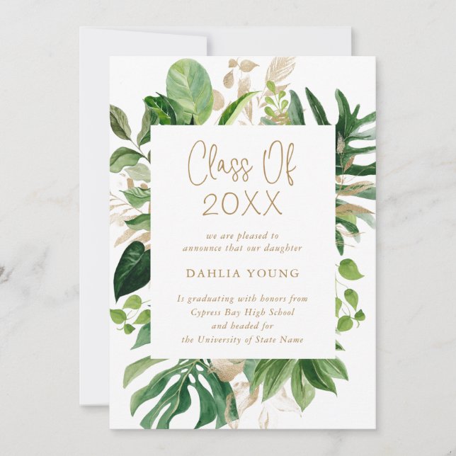 Simple Gold Tropical Photo Modern Graduation Announcement (Front)