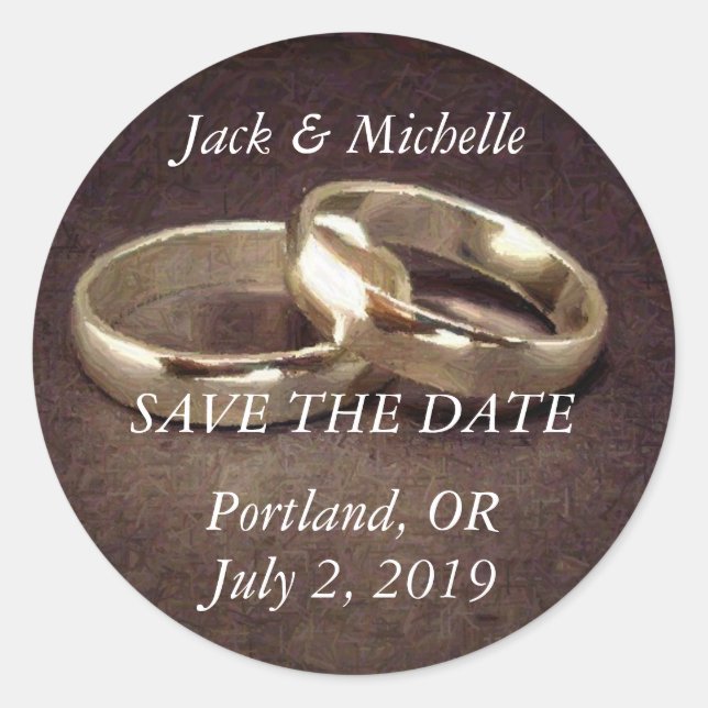 Simple Gold Wedding Bands - Save the Date Stickers (Front)