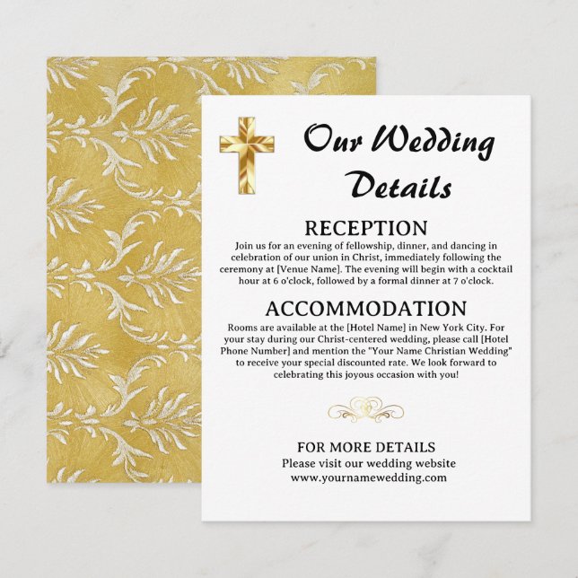 Simple Gold Wedding Details Christian Cross Enclosure Card (Front/Back)