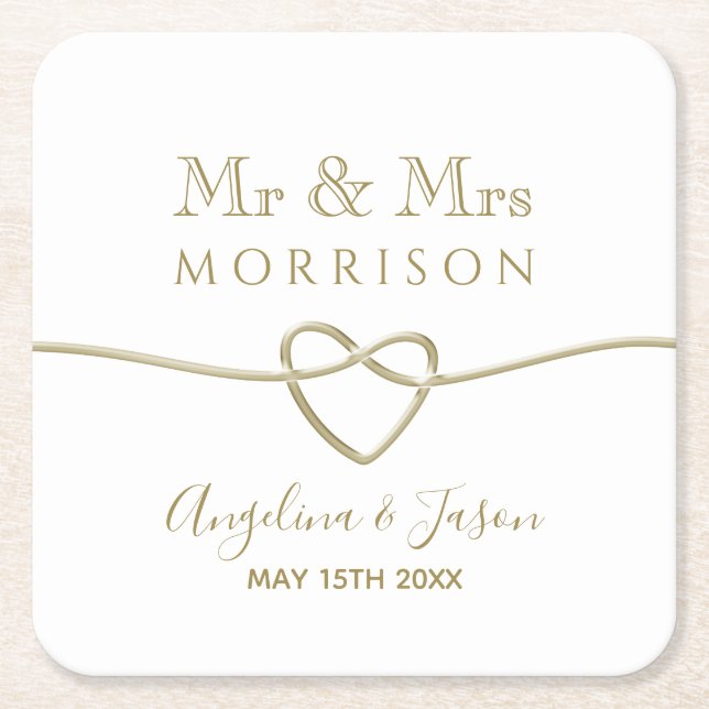 Simple Gold Wedding Favour Square Paper Coaster (Front)