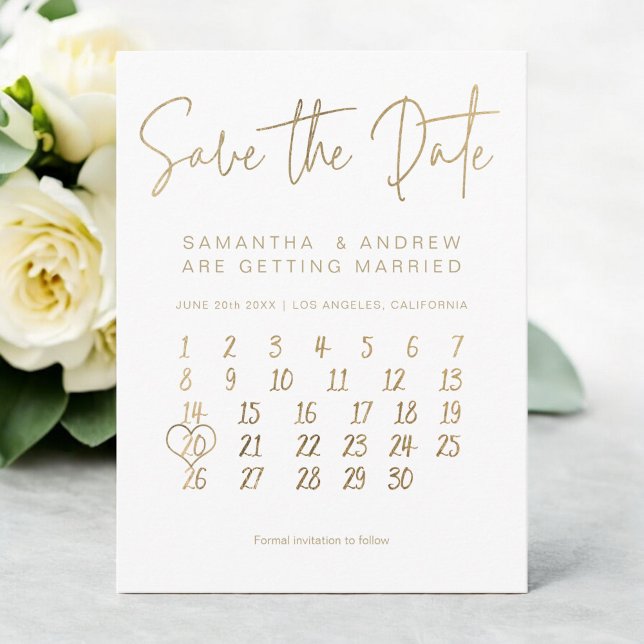 Simple gold white calendar save the date announcement postcard (Simple gold white calendar save the date announcement postcard)
