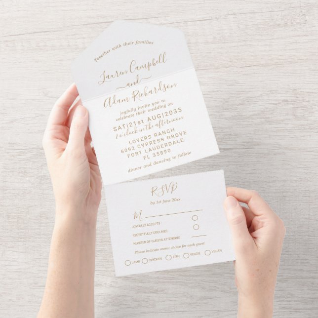 Simple Gold & White  Calligraphy Wedding All In One Invitation (Tearaway)