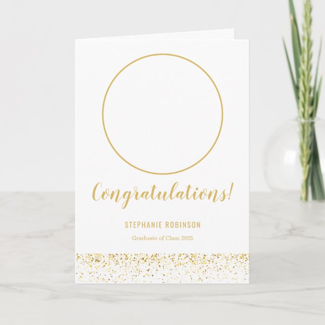 Simple Gold White Confetti Photo Graduation  Card (Front)