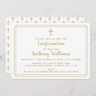 Simple Gold & White Holy Cross Confirmation Invitation