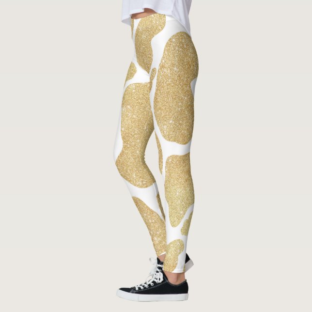 Simple Gold white Large Cow Spots Animal Pattern Leggings (Left)