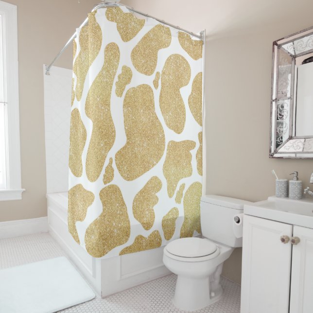 Simple Gold white Large Cow Spots Animal Pattern Shower Curtain (In Situ)