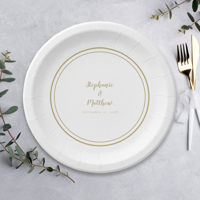 Simple Gold & White Modern Bride & Groom Wedding Paper Plate (Creator Uploaded)