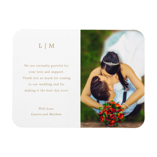 Simple Gold White Monogram Photo Wedding Magnet (Horizontal)