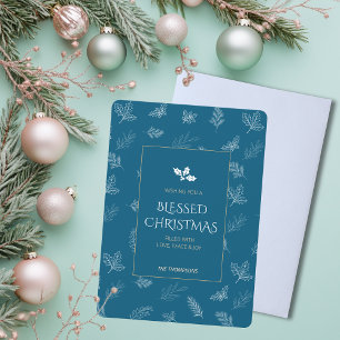 Simple Gold Winter Leaves Blue Christmas Holiday Card