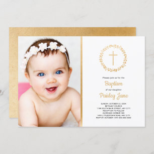 Simple gold wreath baptism photo invitation
