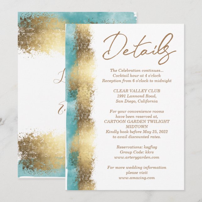 Simple golden foil and aqua blue border minimalist invitation (Front/Back)