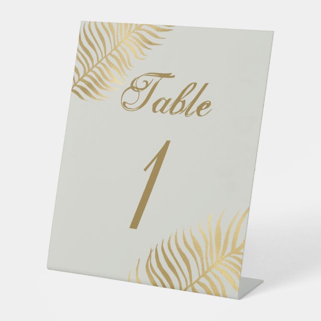 Simple Golden Tropical Leaves Wedding Table Number Pedestal Sign (Front)