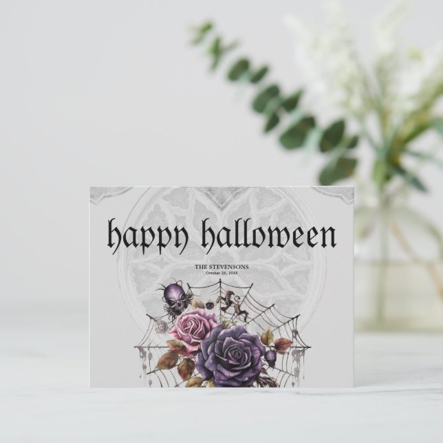 Simple gothic roses & skull Halloween party Holiday Postcard (Standing Front)