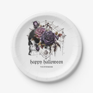 Simple gothic roses & skull Halloween party Paper Plate