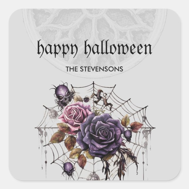 Simple gothic roses & skull Halloween party Square Sticker (Front)
