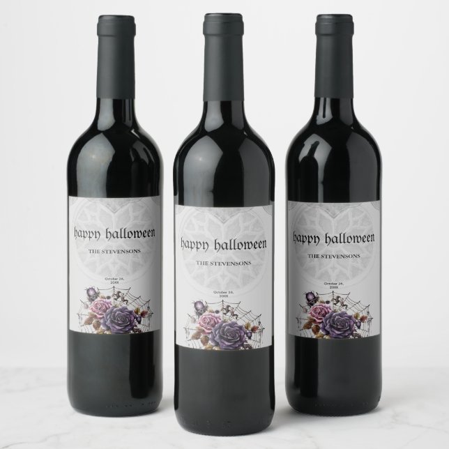 Simple gothic roses & skull Halloween party Wine Label (Bottles)
