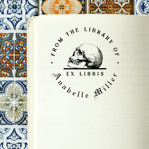 Simple Gothic Skull Vintage Script Library Book Rubber Stamp