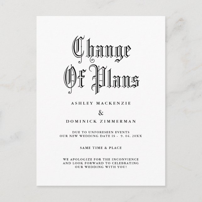 Simple Gothic Wedding Update Change  Announcement Postcard (Front)