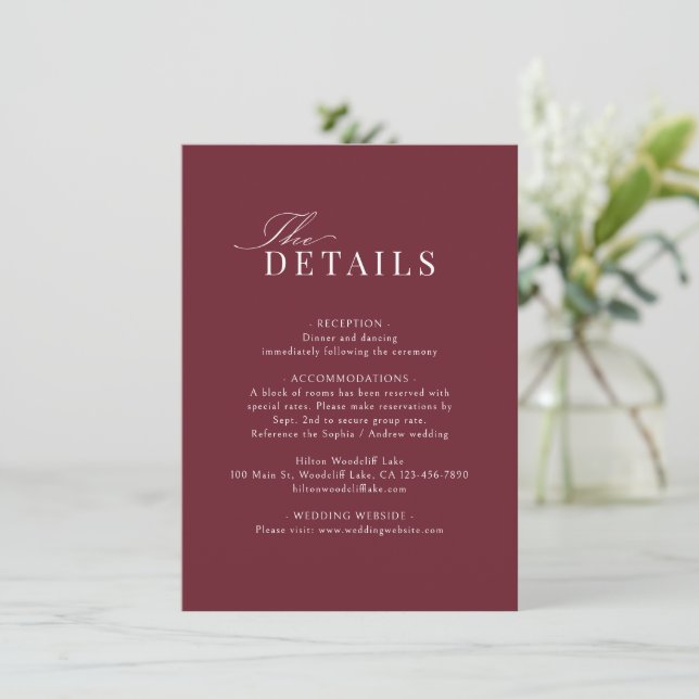 Simple Graceful Script Burgundy QR Code Details Card (Standing Front)
