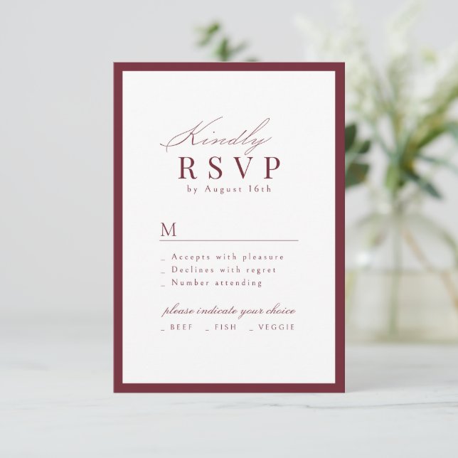 Simple Graceful Script Burgundy QR code Wedding RSVP Card (Standing Front)