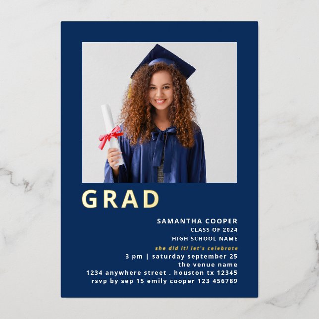 Simple Grad 2025 Photo Graduation Navy Gold Real (Front)