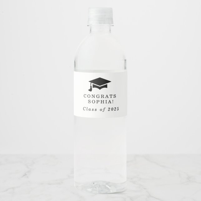 Simple Grad Cap Custom Name Graduation Water Bottle Label (Front)