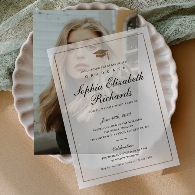Simple Grad Cap Elegant Gold Graduation Vellum Invitations (Elegant Simple Graduation Vellum Invitation. Pair with a photo of the grad or use on its own.)