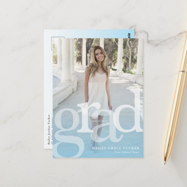 Simple GRAD Light Blue Overlay ANY Year Graduation Postcard (Front/Back In Situ)