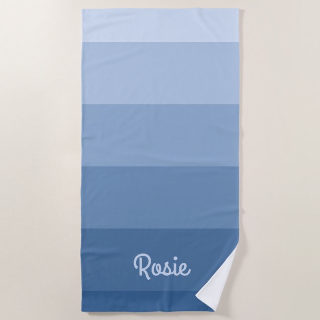 Simple Gradient Blue Stripes with Custom Name Beach Towel (Front)