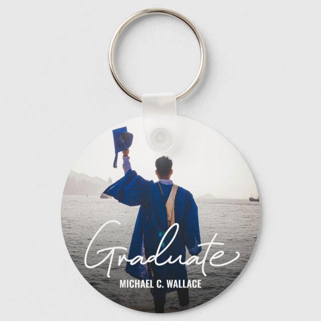 Simple Graduate Modern Script Custom Photo Message Key Ring (Front)