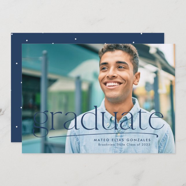 Simple graduate one-photo navy blue graduation announcement (Front/Back)