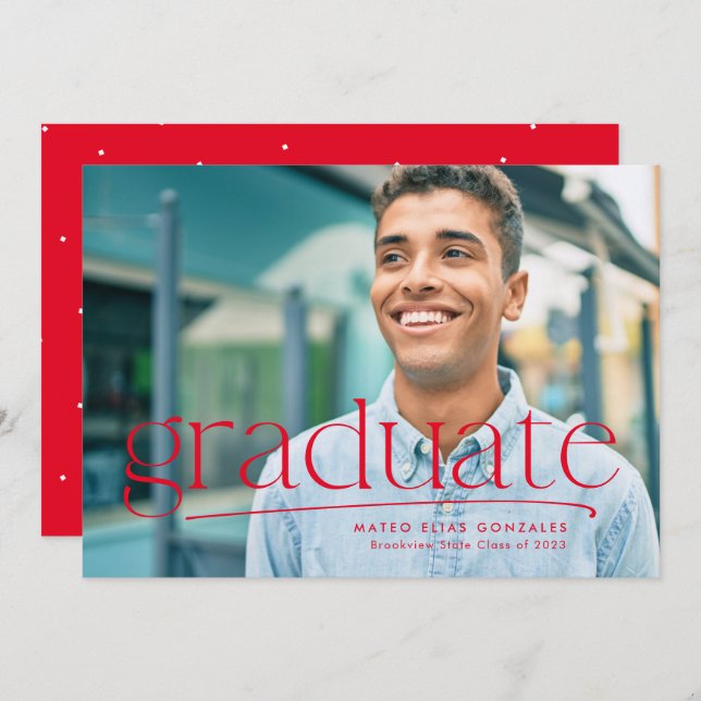 Simple graduate one-photo red graduation announcement (Front/Back)